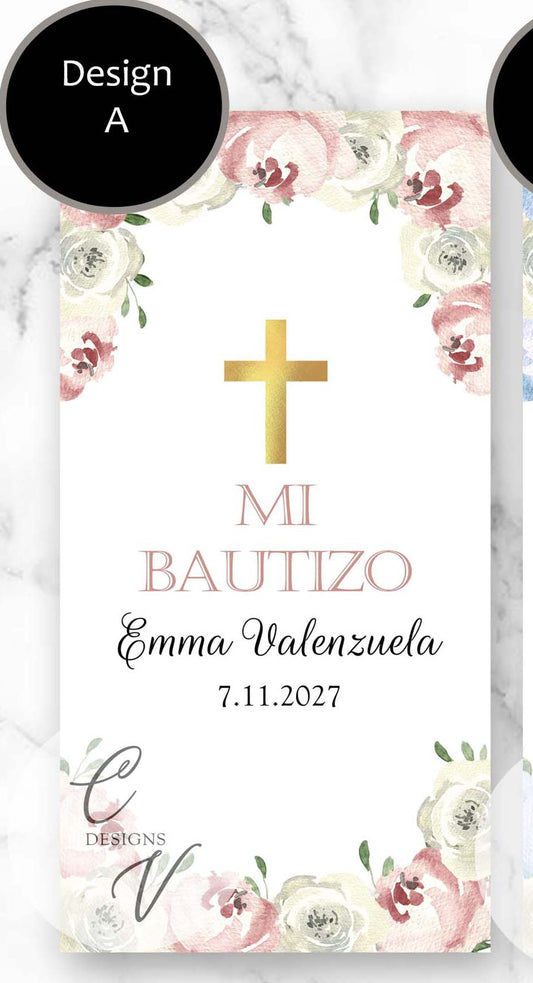 Baptism Cross Floral Blue Pink Candle Labels