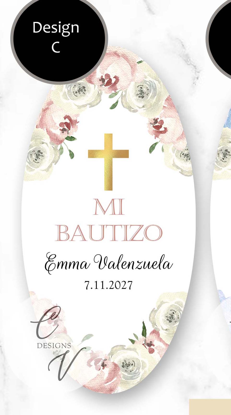Baptism Cross Floral Blue Pink Candle Labels