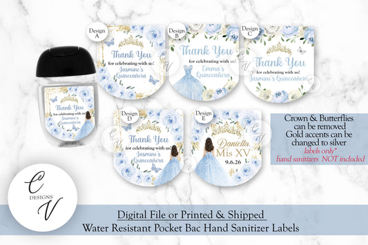 Blue Quinceanera Sweet Sixteen Pocketbac Hand Sanitizer Labels