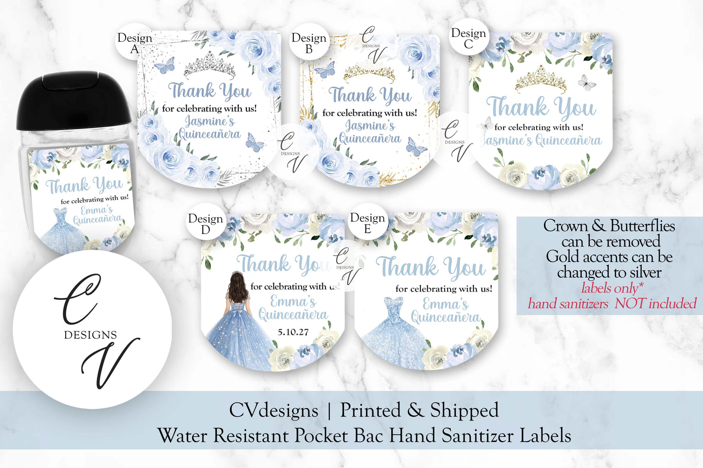 Blue Quinceanera Sweet Sixteen Pocketbac Hand Sanitizer Labels