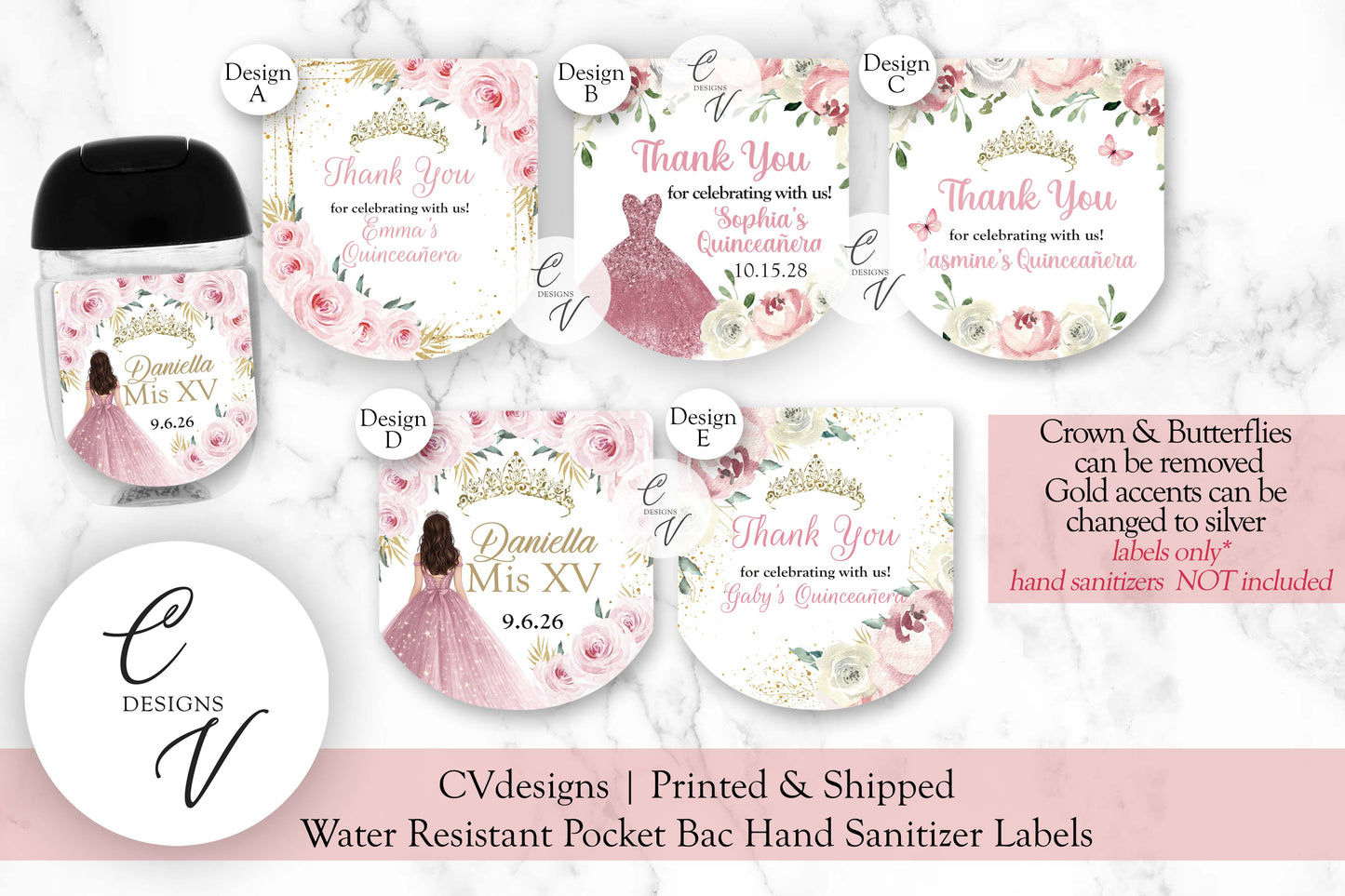 Pink Quinceanera Sweet Sixteen Pocketbac Hand Sanitizer Labels