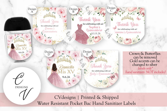 Pink Quinceanera Sweet Sixteen Pocketbac Hand Sanitizer Labels