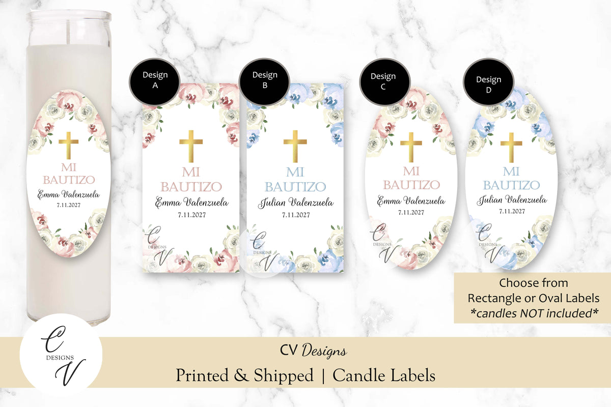 Baptism Cross Floral Blue Pink Candle Labels