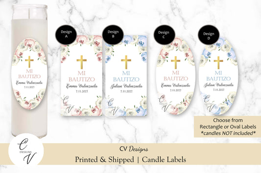 Baptism Cross Floral Blue Pink Candle Labels