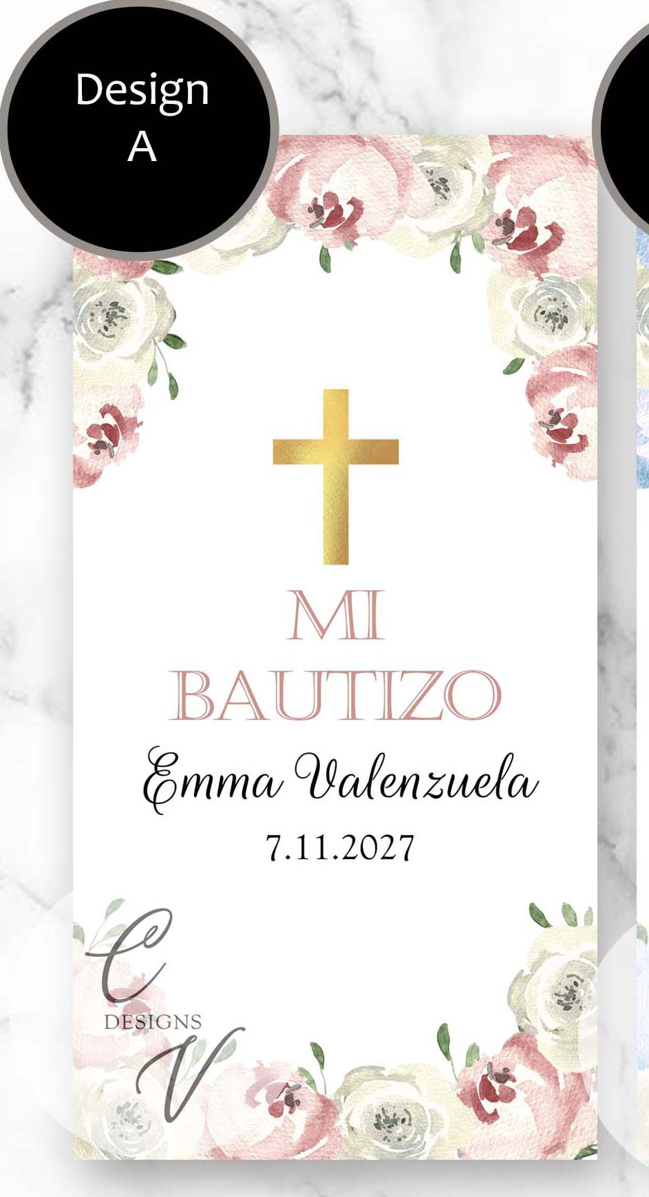 Baptism Cross Floral Blue Pink Candle Labels