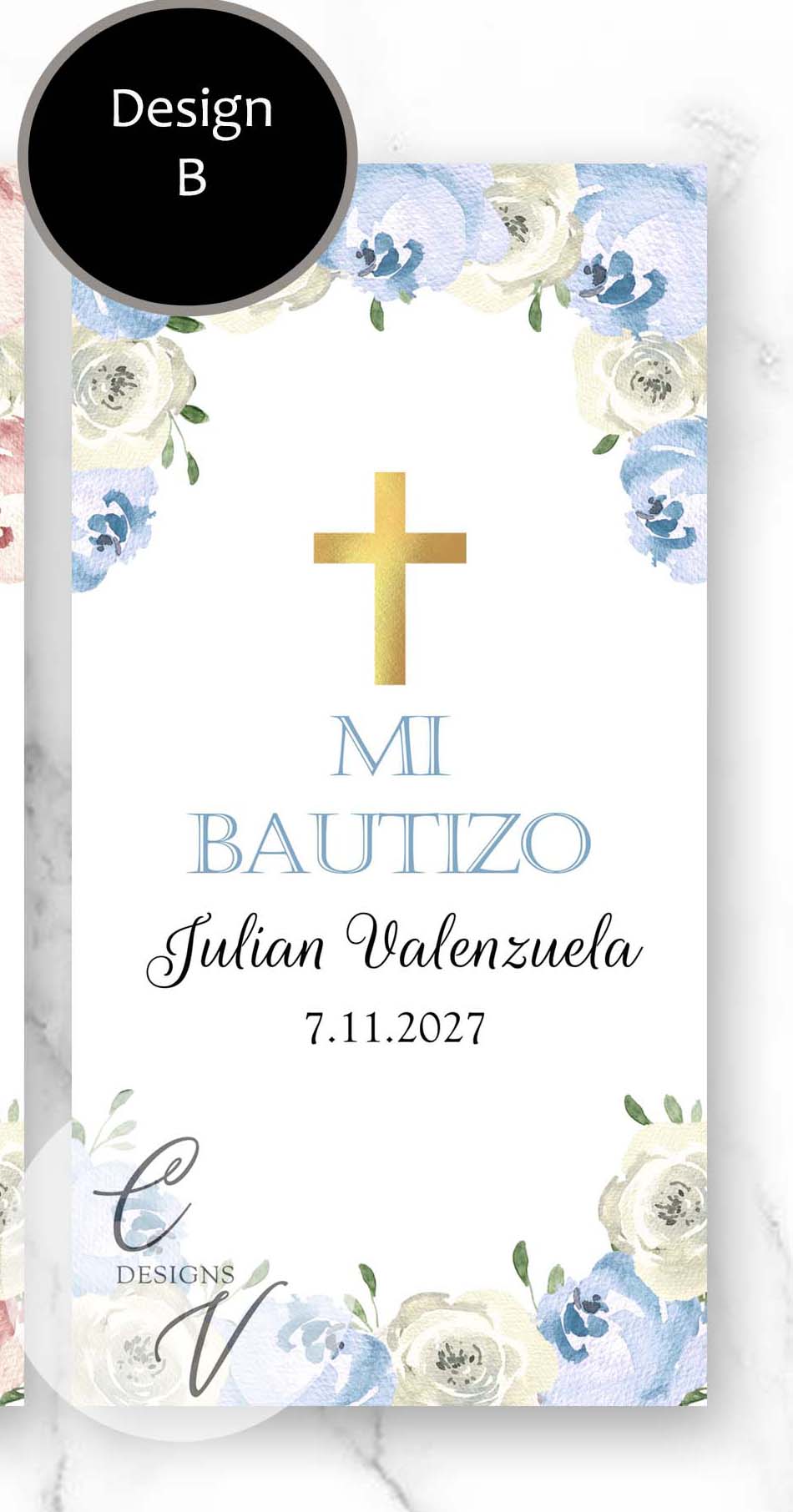 Baptism Cross Floral Blue Pink Candle Labels